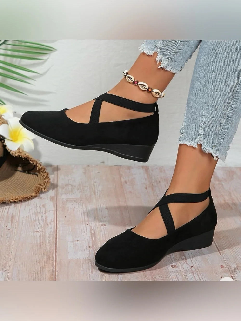 Black Cross-Strap Wedge Flats - Women